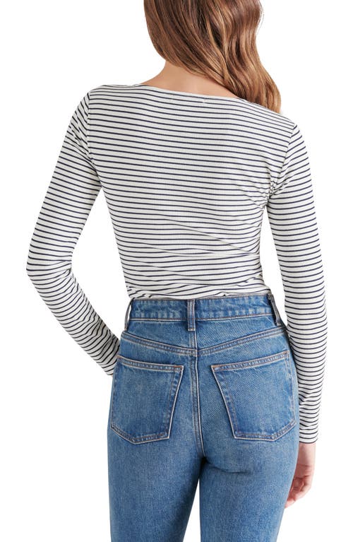 Steve Madden Stripe Long Sleeve V-neck Bodysuit In White/maritime Blue