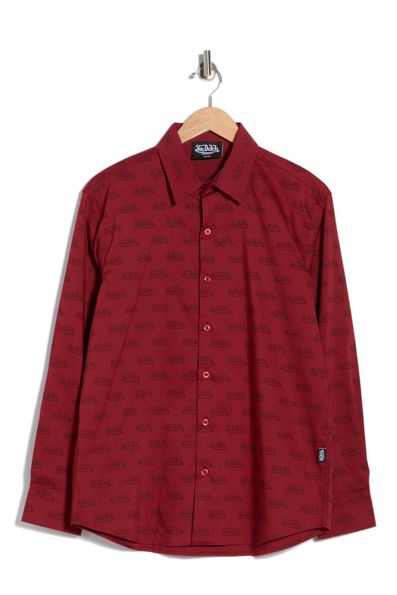 Logo Print Button-Up Shirt, Alternate, color, WINE BURGUNDY