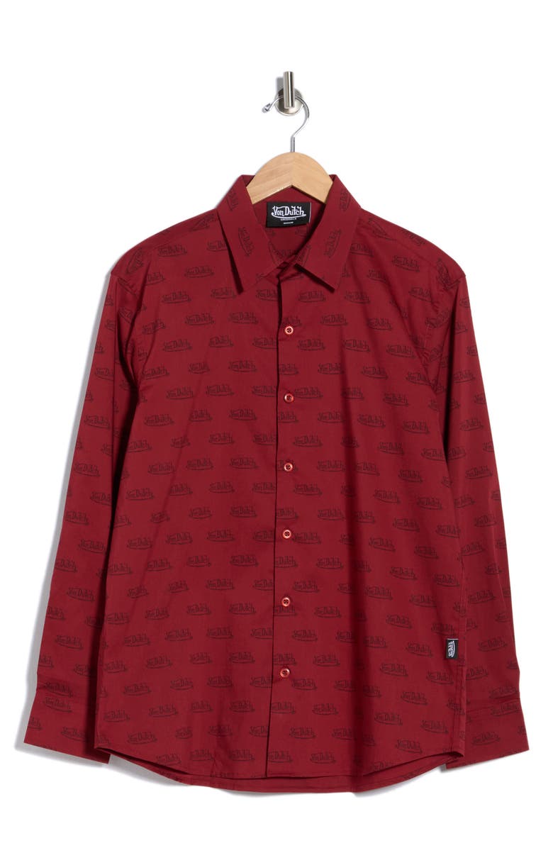 Von Dutch Logo Print Button-Up Shirt, Main, color, Wine Burgundy