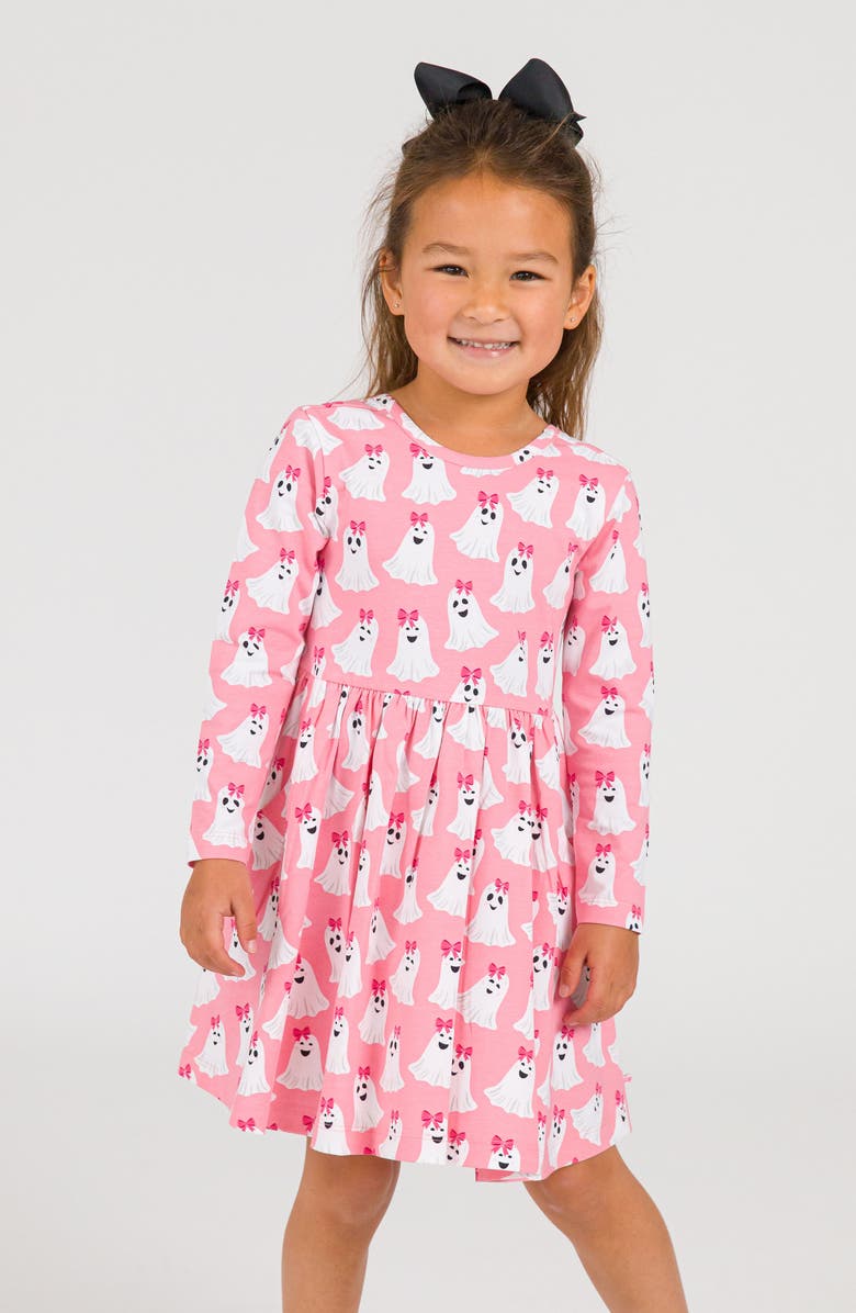 RuffleButts Ghostie Girls Long Sleeve Stretch Cotton Dress, Alternate, color, 