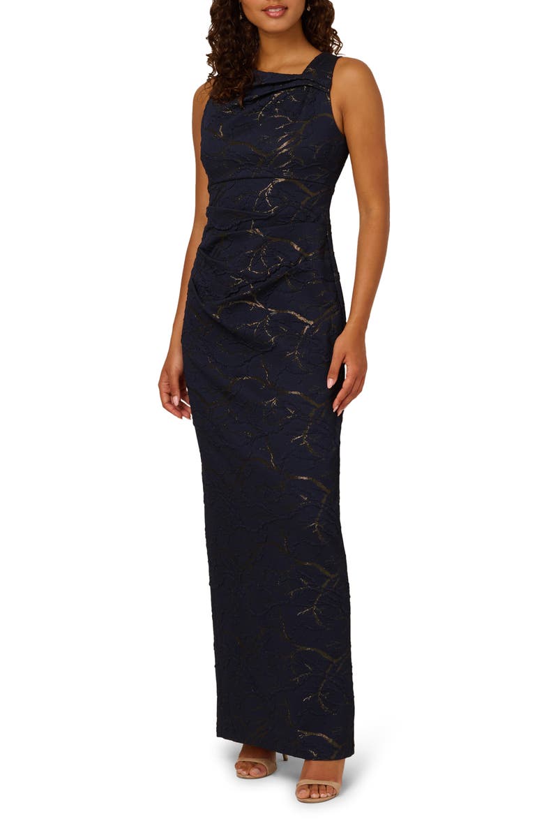 Adrianna Papell Gathered Sleeveless Jacquard Gown, Main, color, Navy