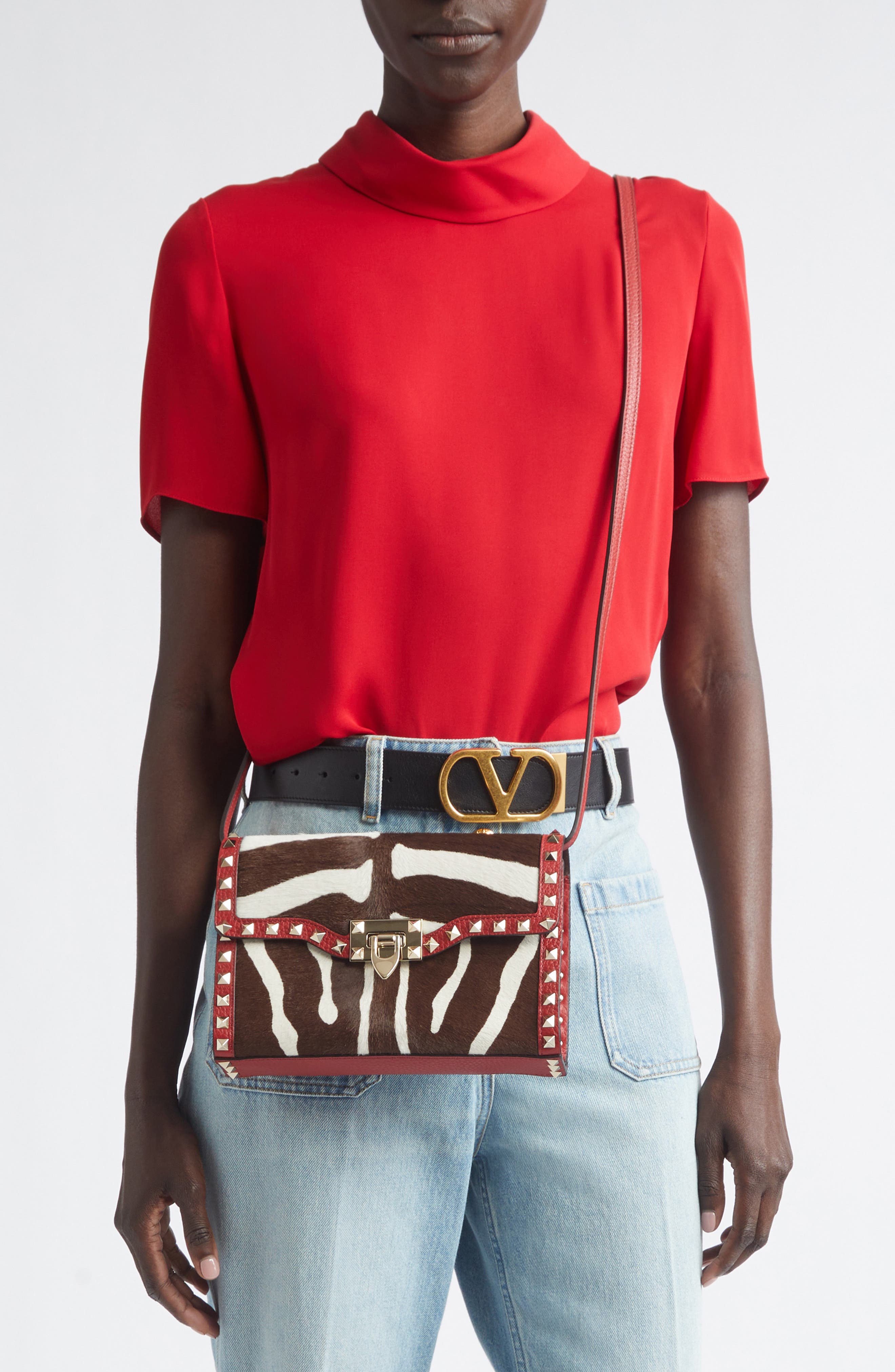 Small Rockstud Genuine Calf Hair & Leather Shoulder Bag, Alternate, color, RED