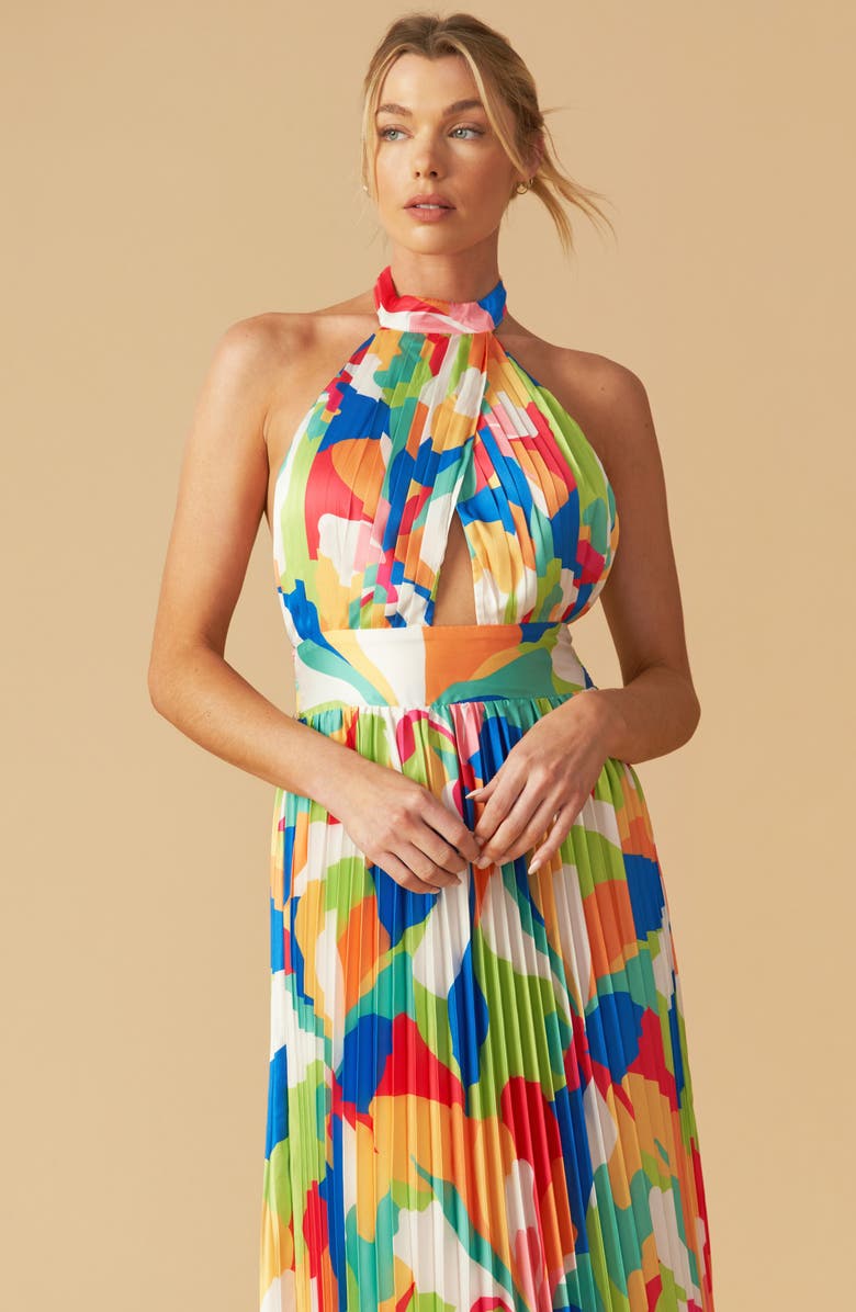 FLYING TOMATO Pleated Halter Neck Maxi Dress, Alternate, color, Green Orange