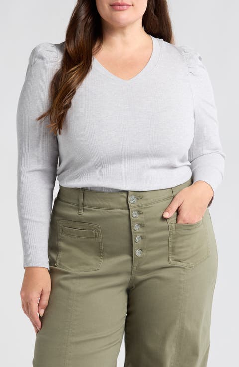 Puff Shoulder Rib Top (Plus)