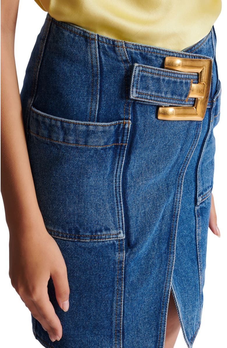 Balmain Short denim skirt with belt, Alternate, color, Blue