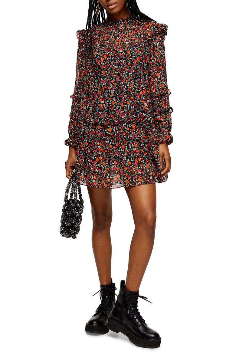 Long Sleeve Ditsy Floral Minidress, Main, color, BLACK MULTI