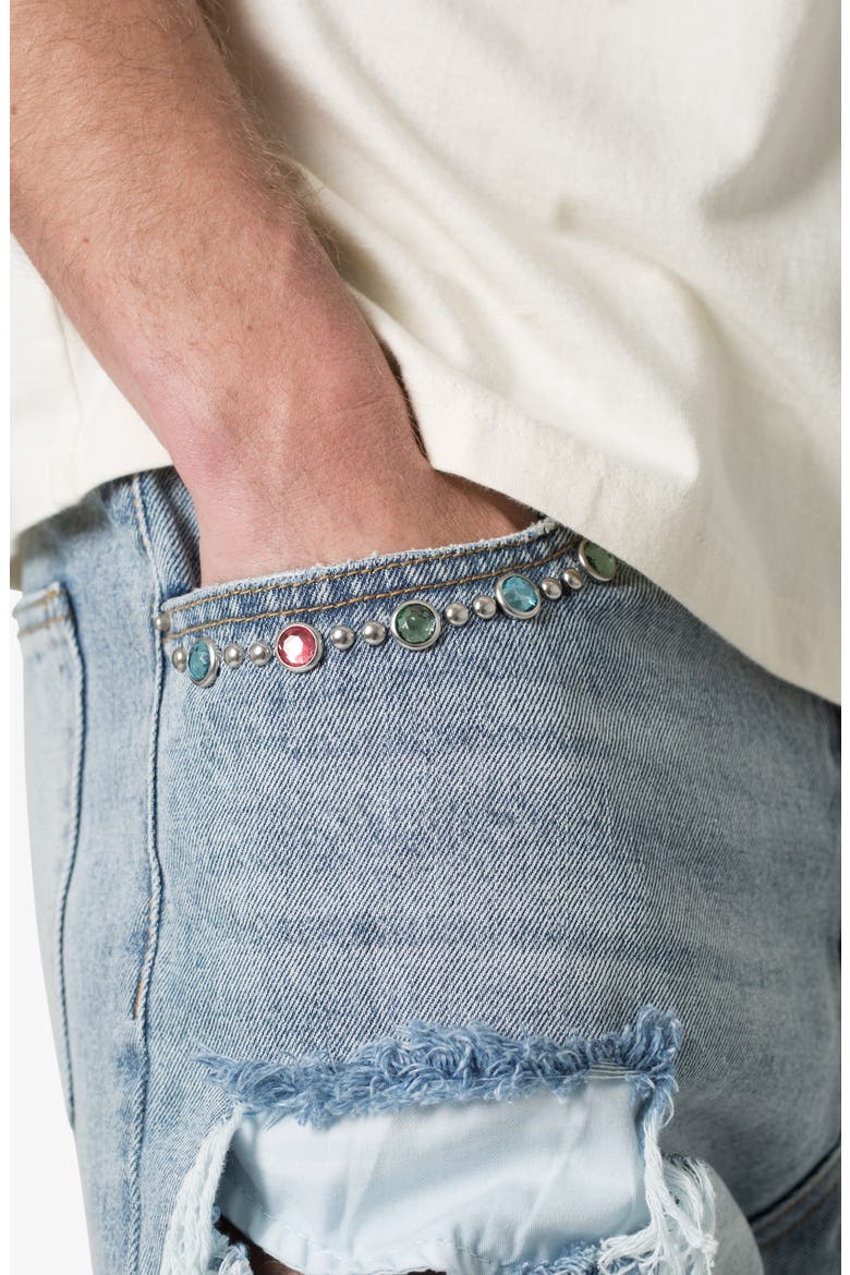 Distressed Spider Denim Shorts, Alternate, color, LIGHT BLUE