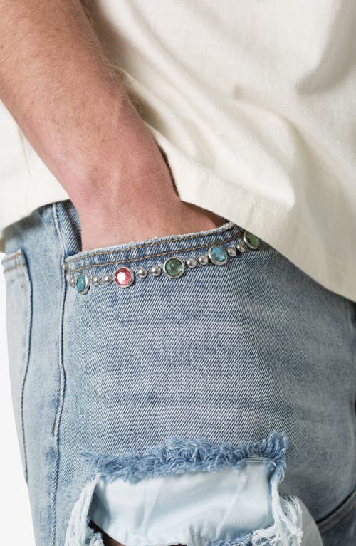 Mnml Distressed Spider Denim Shorts In Light Blue