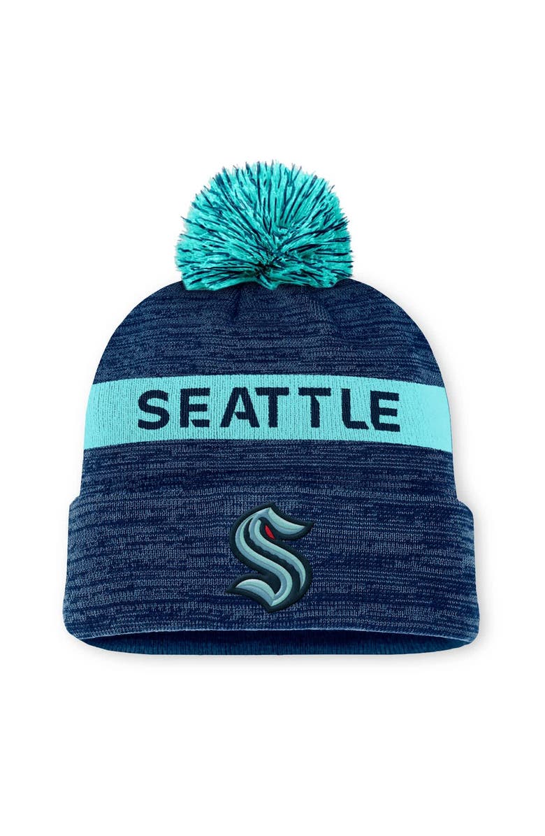 FANATICS Men's Fanatics Deep Sea Blue/Light Blue Seattle Kraken Authentic Pro Rink Cuffed Knit Hat with Pom, Main, color, Navy