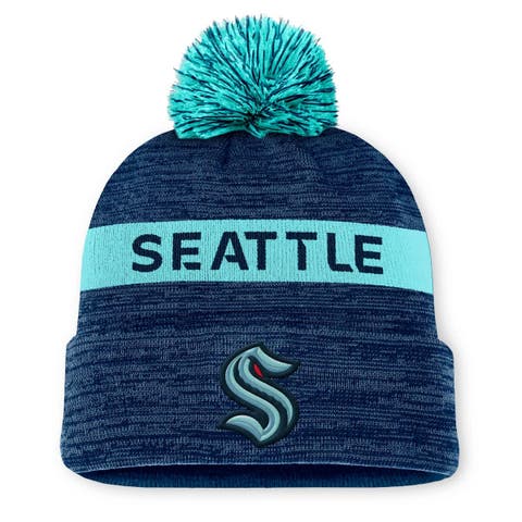 Men
s Fanatics Deep Sea Blue/Light Blue Seattle Kraken Authentic Pro Rink Cuffed Knit Hat with Pom