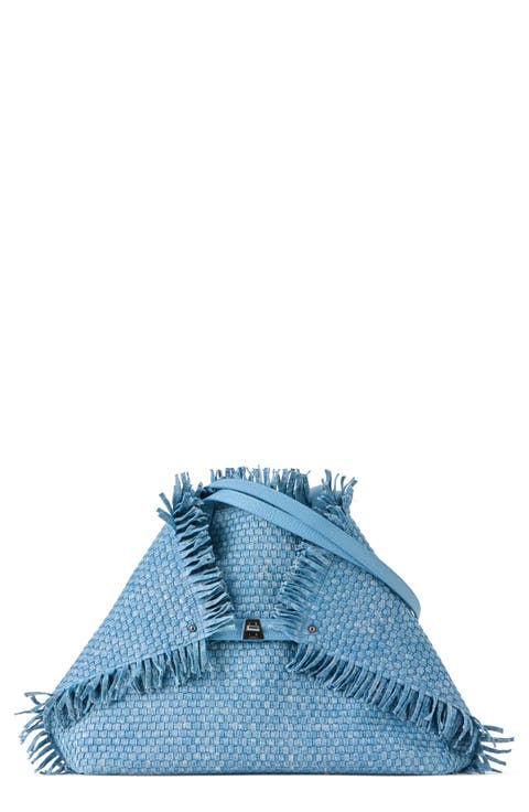 Medium AI Fringed Woven Denim Convertible Tote