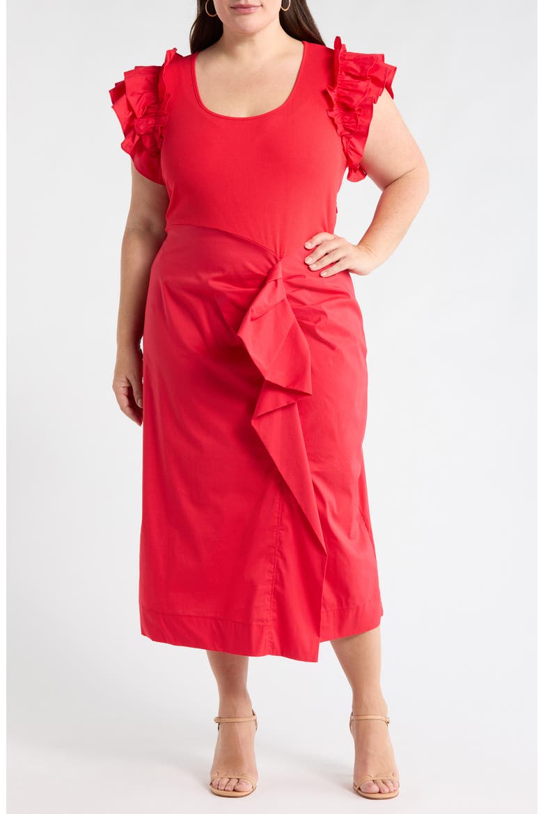 Glow Ruffle Midi Dress, Main, color, RED
