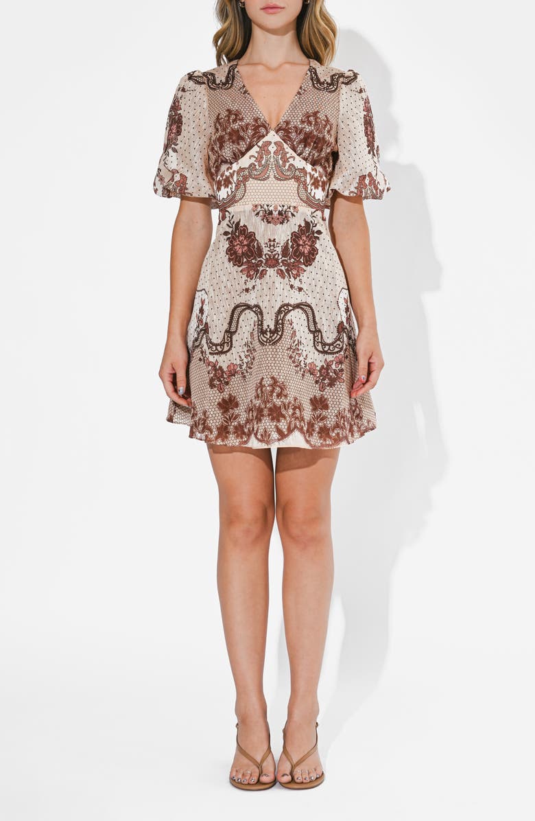 Adelyn Rae Abigail Placed Print Minidress, Main, color, Mocha/ Brown