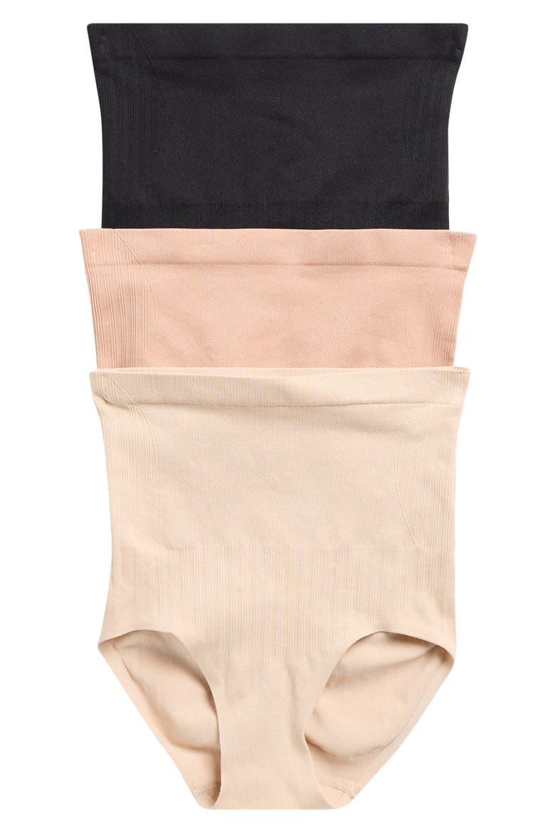 3-Pack Jacquard Panel High Waist Seamless Shaping Briefs, Main, color, FROTH/ BLACK/ RICH AMBER