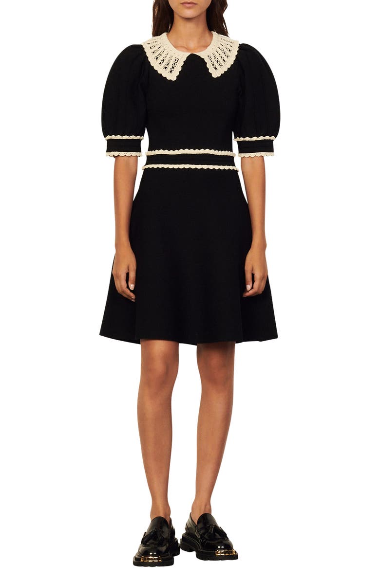 SANDRO Evonna Contrast Trim Short Sleeve Dress, Main, color, Noir