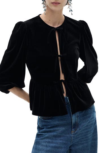 Mango Velvet Blouse With Bows Black In Black