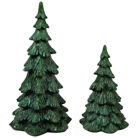 Carved Glittery Trees Christmas Decorations - Set of 2 - Green
