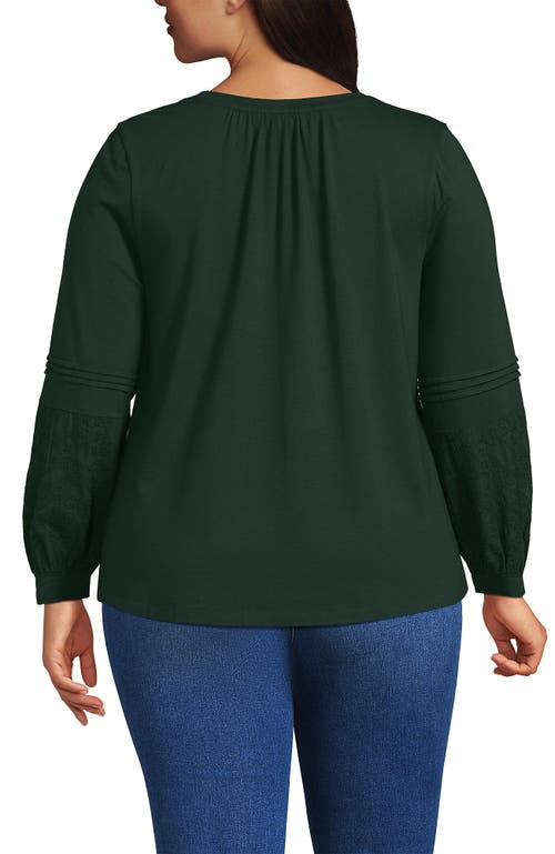 Lands' End Plus Size Lightweight Jersey Lace Mix Long Sleeve Pintuck Top In Green