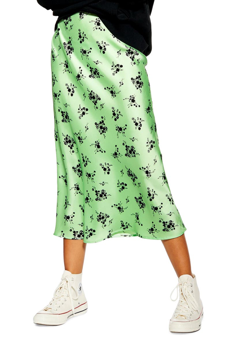 Satin Floral Bias Midi Skirt, Main, color, GREEN MULTI