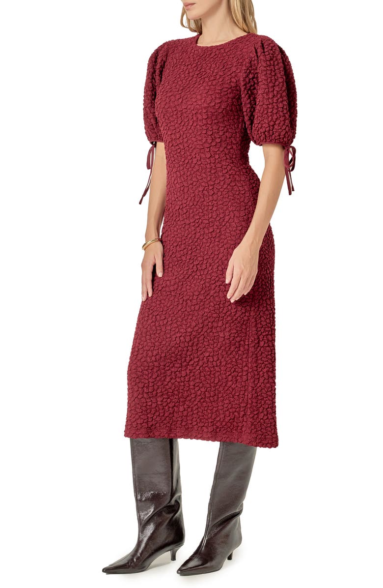 English Factory Textured Puff Sleeve Midi Dress, Alternate, color, Burgundy