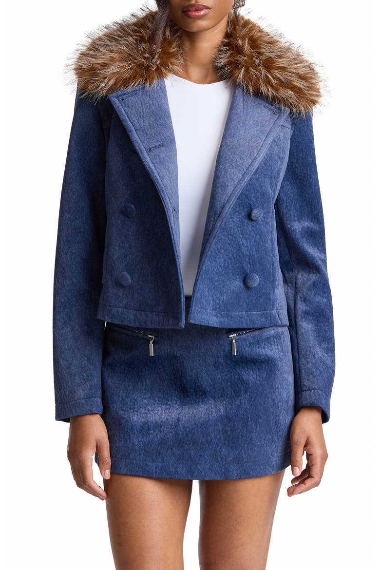 Faux Fur Collar Double Breasted Jacket, Alternate, color, BRIGHT BLUE