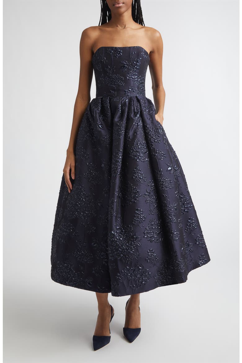 Strapless Metallic Floral Jacquard Midi Dress, Main, color, MIDNIGHT