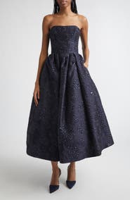 Carolina Herrera Strapless Metallic Floral Jacquard Midi Dress