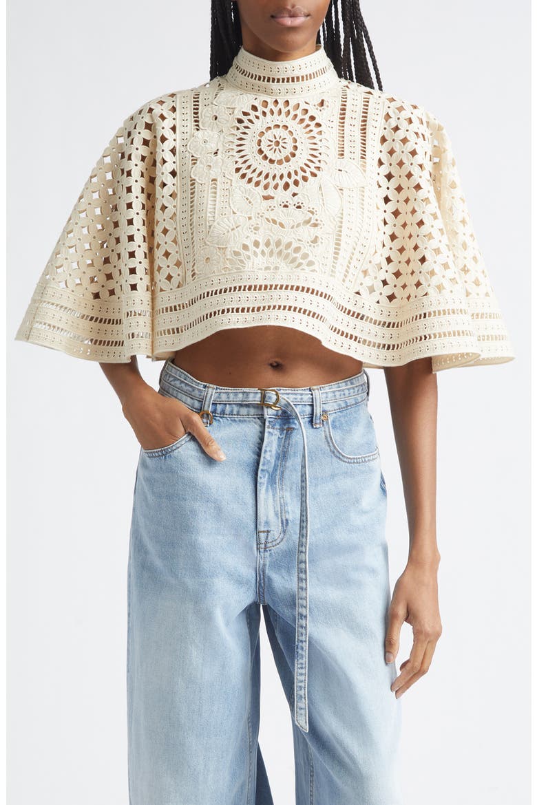Indra Crop Embroidered Cotton Eyelet Cape, Main, color, TEA