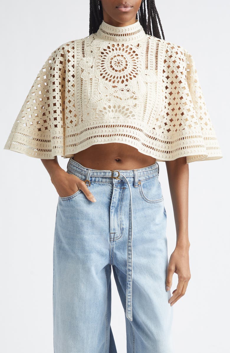 Zimmermann Indra Crop Embroidered Cotton Eyelet Cape, Main, color, Tea