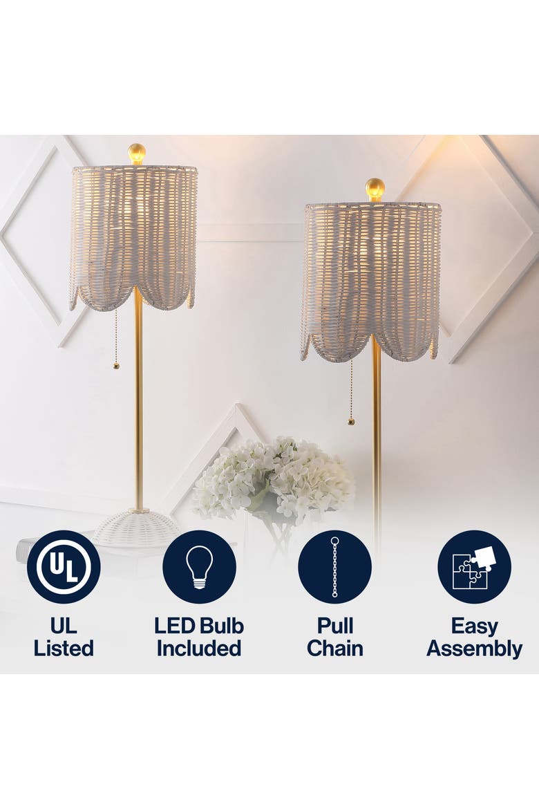 Celerie 27.5" Coastal Bohemian Rattan/Iron Scalloped Buffet LED Table Lamp with Pull Chain, Alternate, color, White/Brass Gold