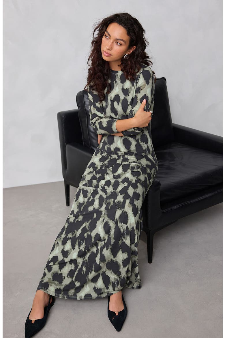 Animal Print Jersey Maxi Dress, Alternate, color, KHAKI GREEN