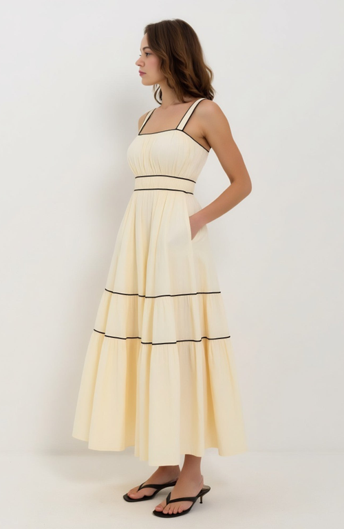 Modenaire Strappy Tiered Maxi Dress With Contrasting Trim And Flowing Silhouette In Yellow