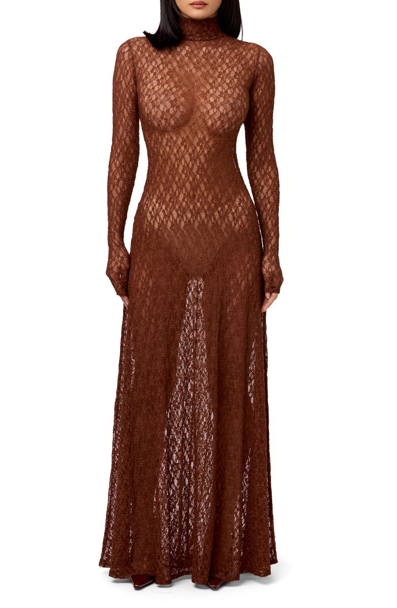 Naked Wardrobe Floral Long Sleeve Stretch Lace Turtleneck Maxi Dress, Main, color, Brown Sugar