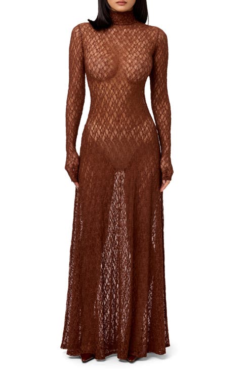 Floral Long Sleeve Stretch Lace Turtleneck Maxi Dress