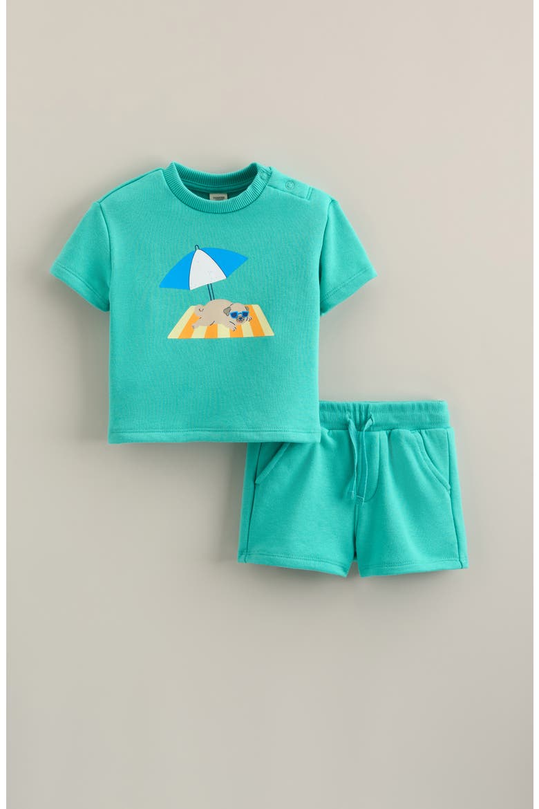 Terry Graphic T-Shirt & Shorts Set, Main, color, TEAL RIPPLE SUN PUG- TEAL