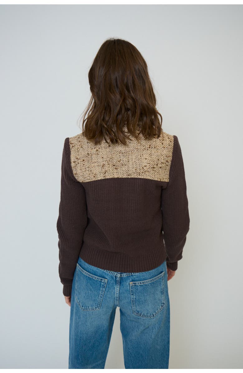 Central Park West Women's Halsey Tweed And Sweater Jacket, Alternate, color, Chocolate