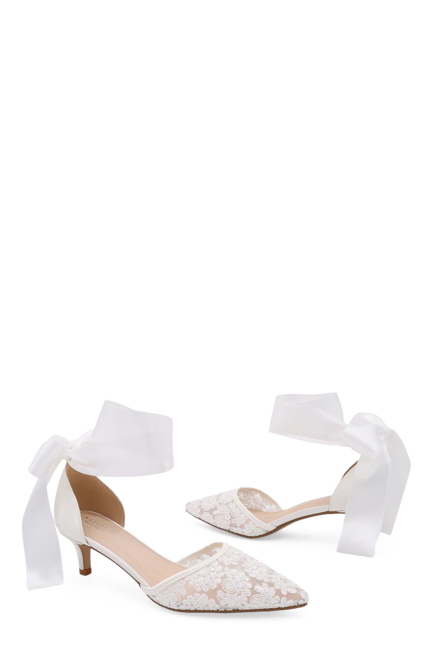 Claudia Crochet Lace Kitten Heel with Satin Wrapped Tie, Alternate, color, White