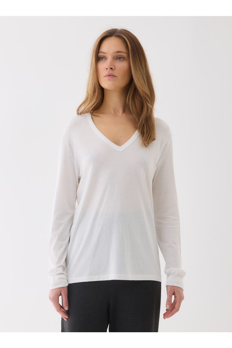 Lyocell Cotton Long Sleeve Semi Relaxed V-Neck, Main, color, BLANC