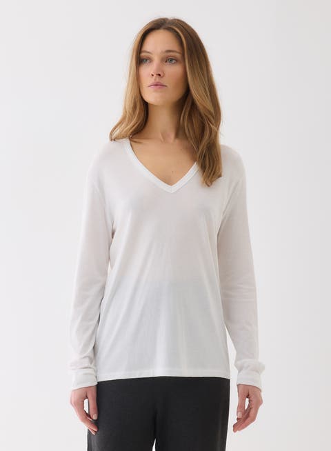 Lyocell Cotton Long Sleeve Semi Relaxed V-Neck