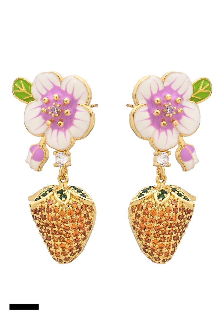 Selene Cubic Zirconia Flower & Strawberry Drop Earrings, Alternate, color, GOLD