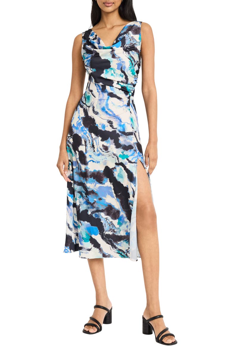 Cowl Neck Sleeveless Ruched Midi Dress, Main, color, CREAM/ NAVY