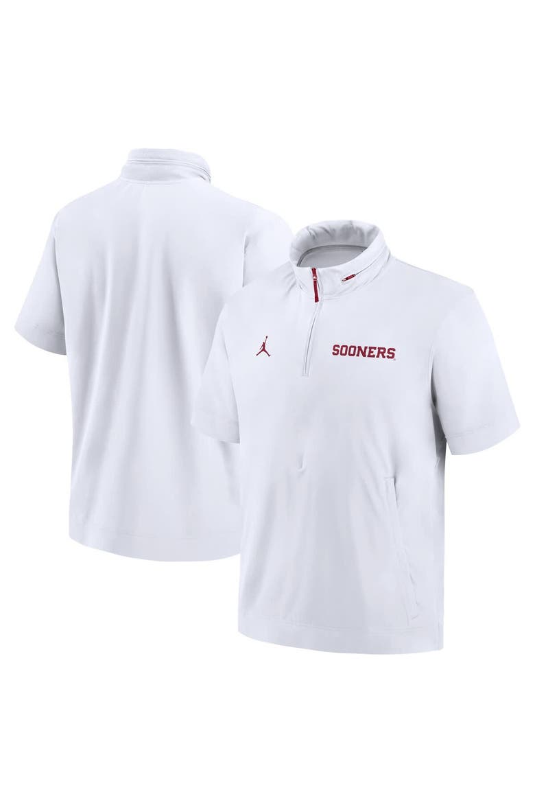 Men's Jordan Brand White Oklahoma Sooners 2024 Sideline Coach Short Sleeve Half-Zip Hoodie Jacket, Main, color, White