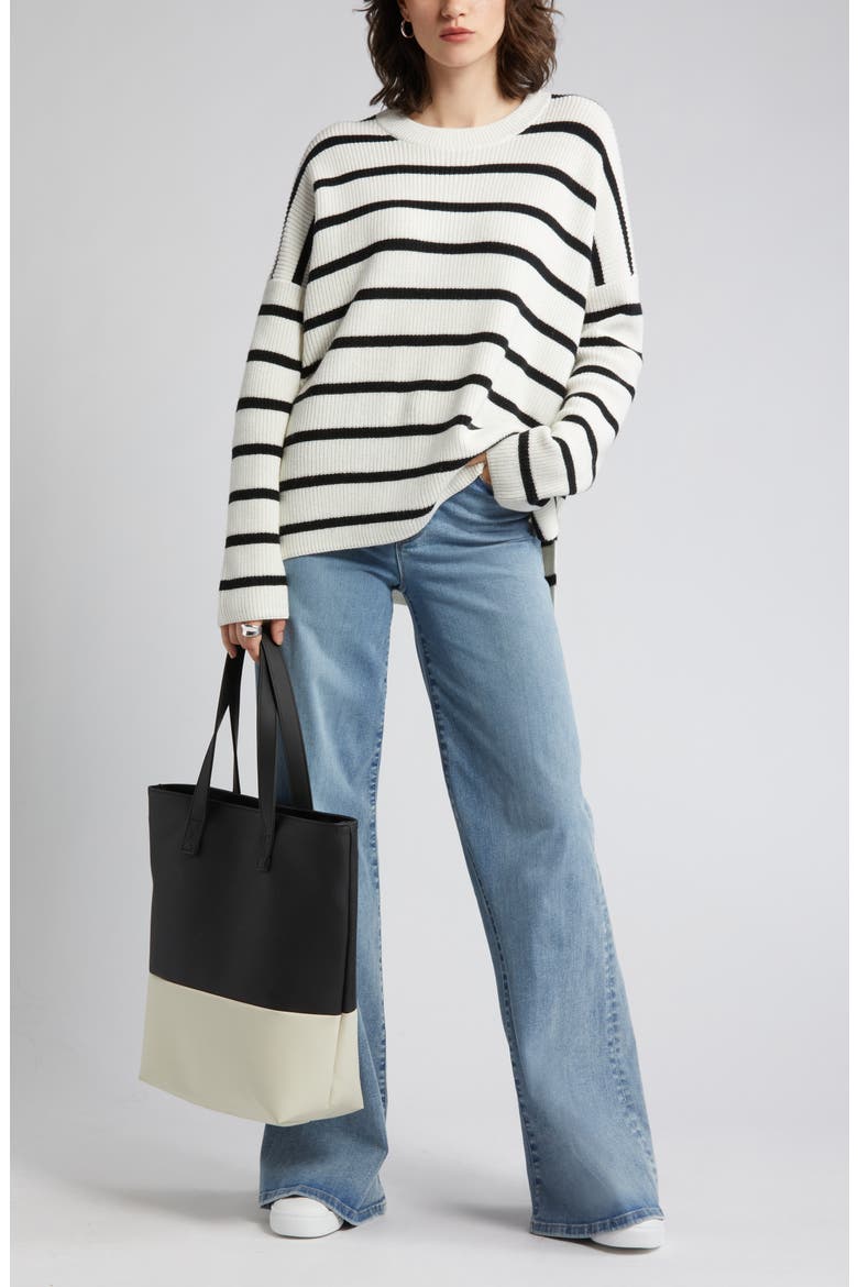 Stripe Oversize Organic Cotton & Wool Crewneck Sweater, Main, color, IVORY CLOUD- BLACK STRIPE
