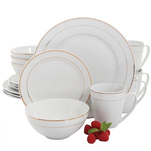 Gibson Home Palladine 16 Piece Dinnerware Double Gold Banded Set In White