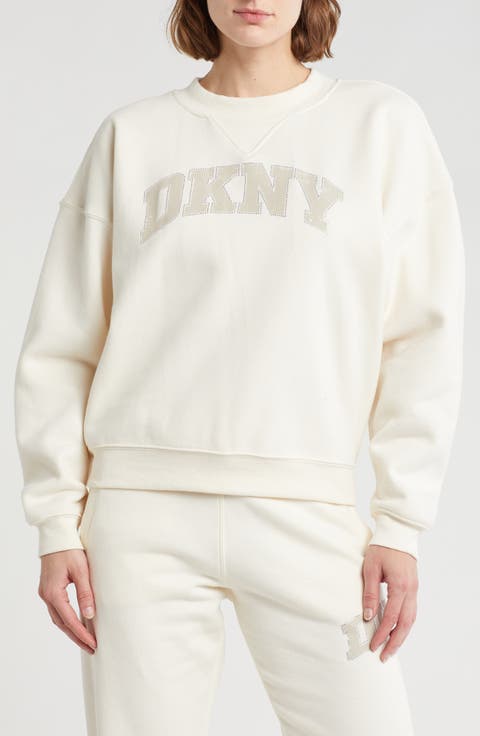 Arched Distressed Rhinestone Pullover Sweatshirt