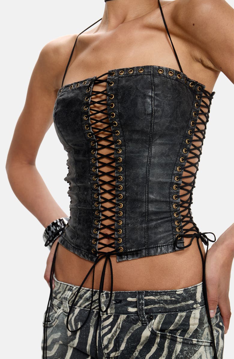 JADED LONDON Halter Lace-Up Crop Faux Leather Corset Top, Alternate, color, Black