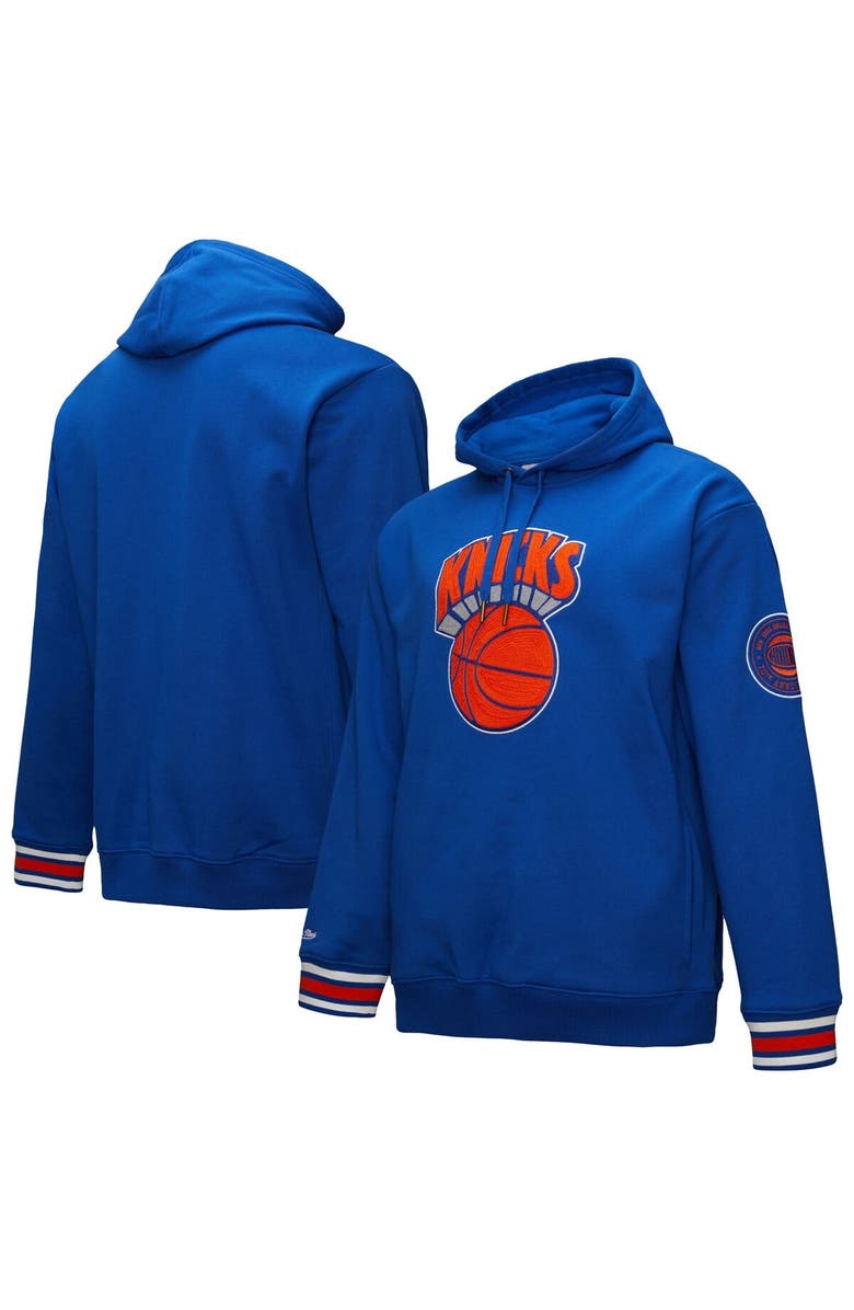 Mitchell & Ness Men's Mitchell & Ness Blue New York Knicks Chainstitch Applique Vintage Heavyweight Pullover Hoodie, Main, color, 