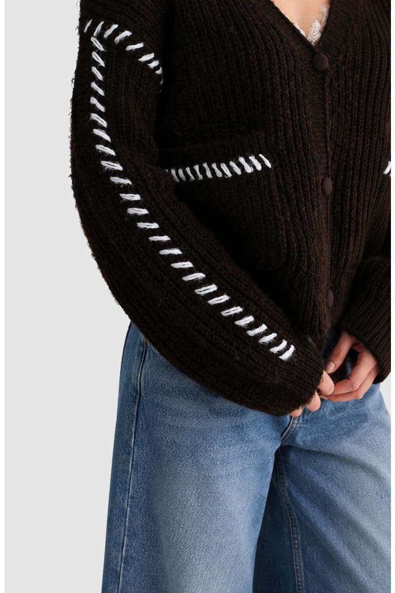 Whipstitch V-Neck Cardigan, Alternate, color, DARK BROWN