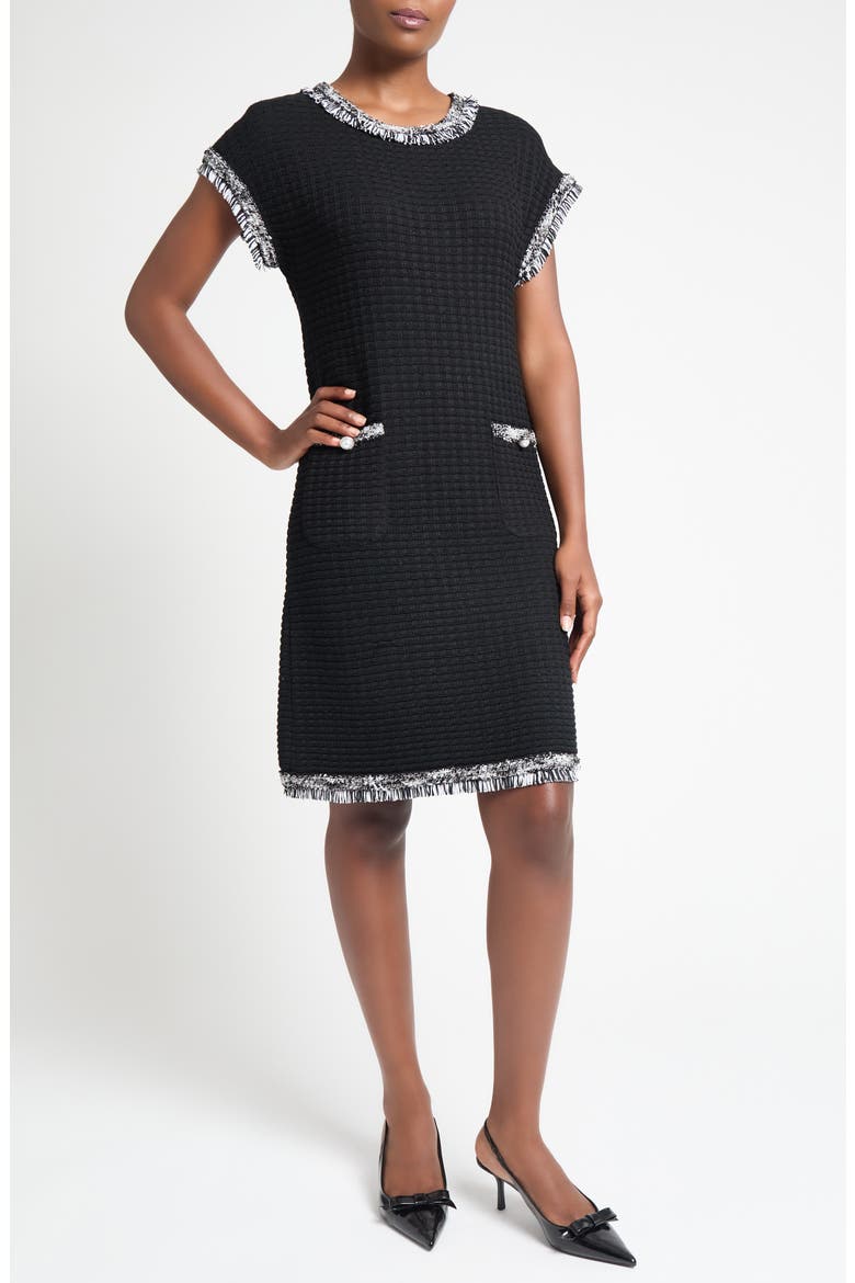 Modern Fit Fringe Trim Tweed Dress, Main, color, BLACK/WHITE