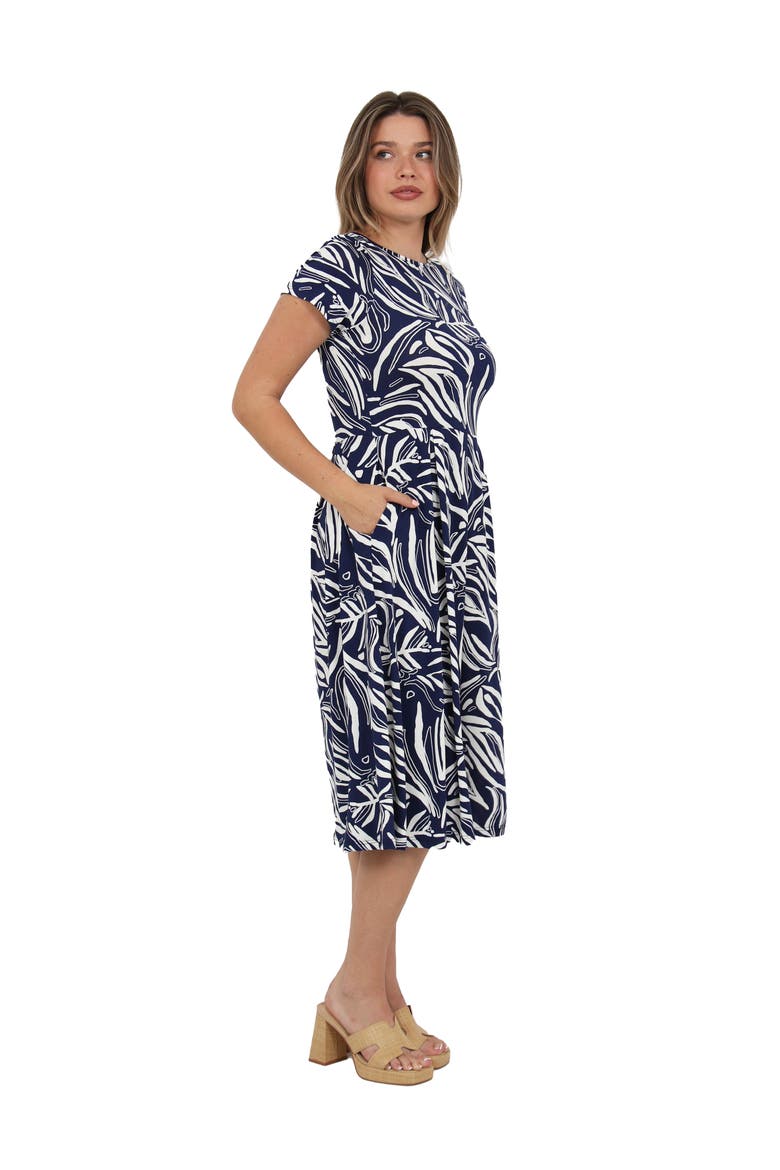 Womens Essential Abstract Print Short Sleeve Boat Neck Pleated Pocket Fit & Flare Midi Dress, Alternate, color, Navy Multi